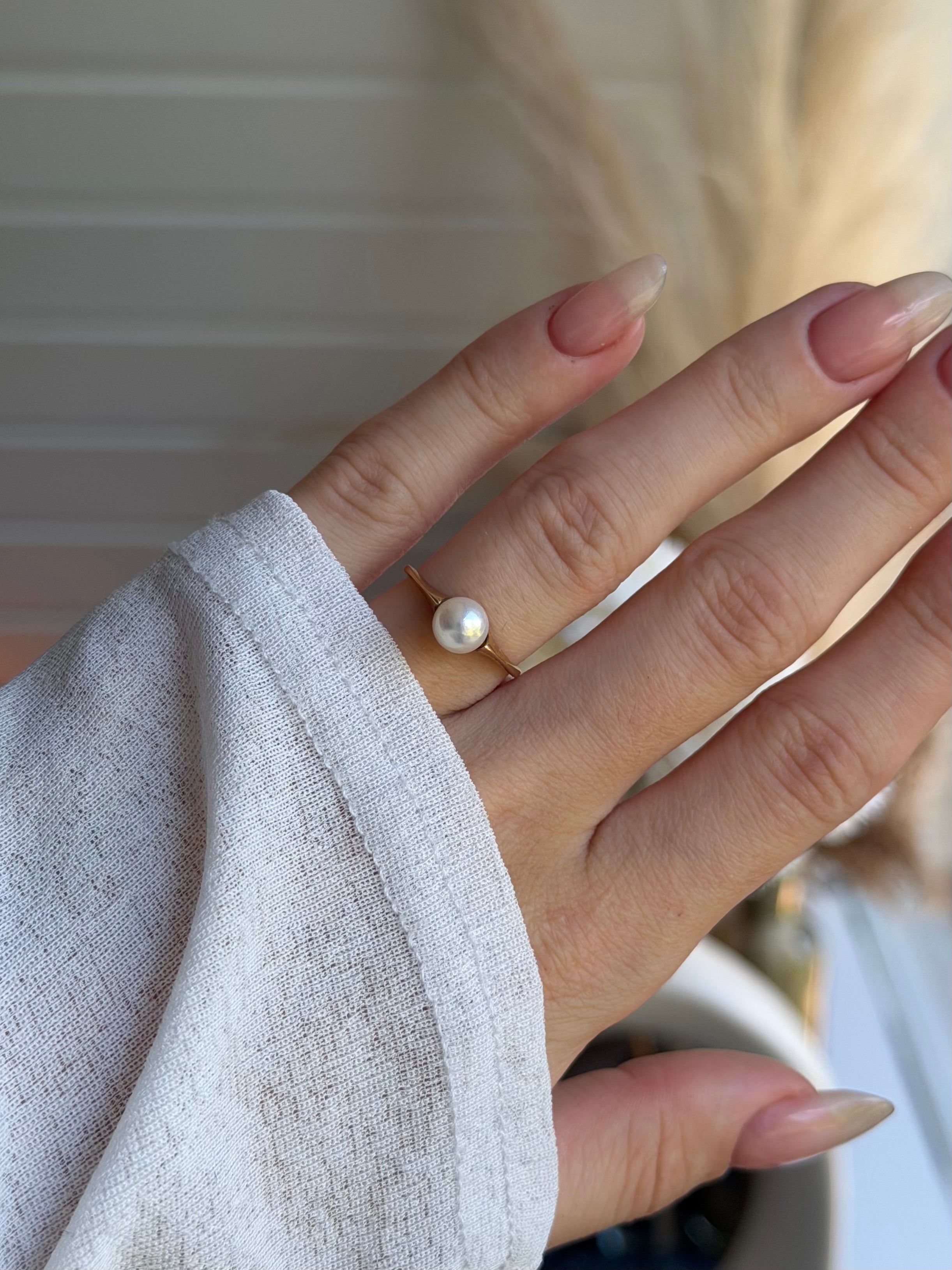 Vintage 14 krt. guldring med perle, str 51