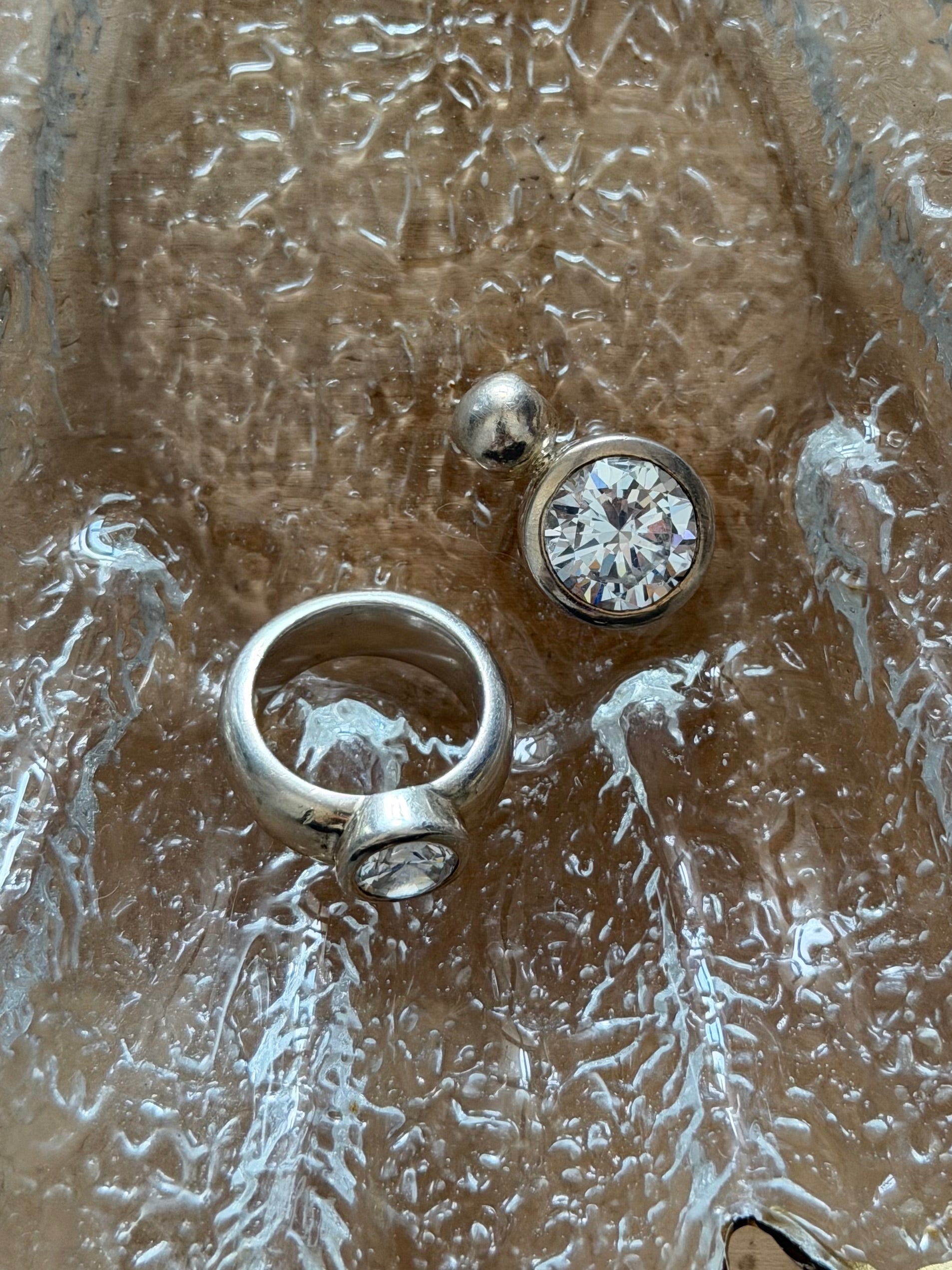 Vintage chunky sølvring og vedhæng med store klare sten