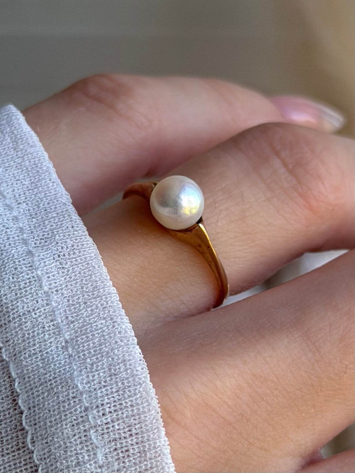 Vintage 14 krt. guldring med perle, str 51