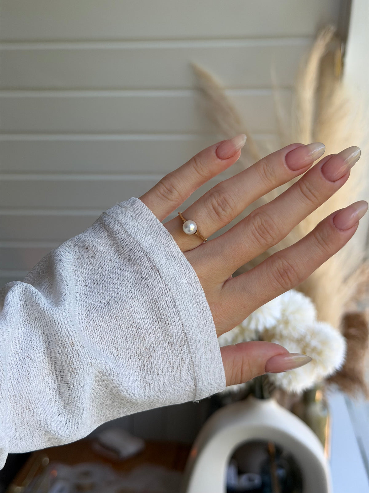 Vintage 14 krt. guldring med perle, str 51