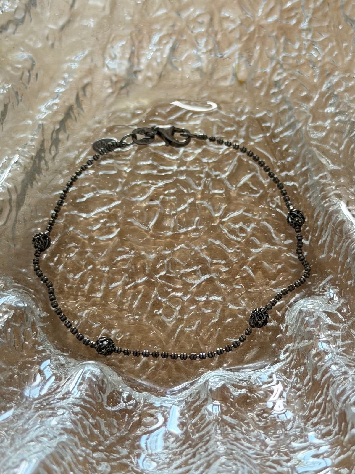 Vintage sort rhodineret kuglekæde armbånd, 18,5cm